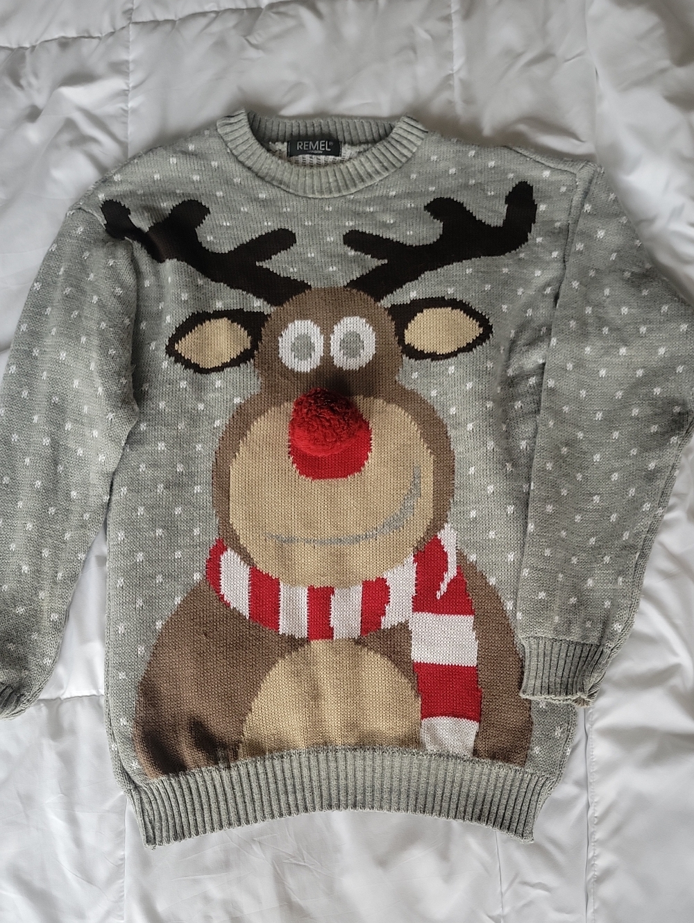 Women Grey Reindeer Christmas Sweater - Red Accent